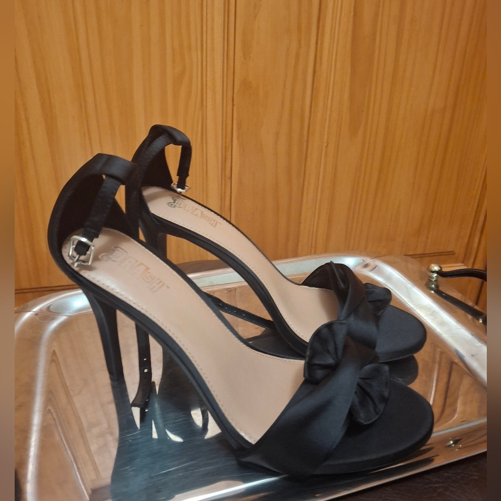 Black Satin Heels with Bow Detail Size 9.5